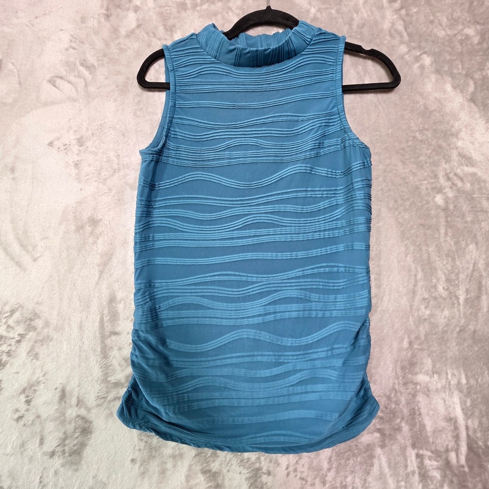 The Limited Womens Teal Blue Wavy Textured Mock Neck Sleeveless Ruched Top S